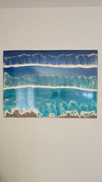 Solas Tidal Depths Resin-Meeresbild 70 × 50 cm mit Wellen in Blau und Türkis, irisierenden Effekten und Sand