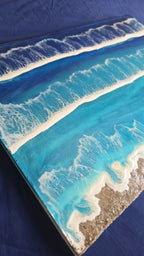 Solas Tidal Depths Resin-Meeresbild 70 × 50 cm mit Wellen in Blau und Türkis, irisierenden Effekten und Sand