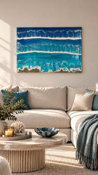 Solas Tidal Depths Resin-Meeresbild 70 × 50 cm mit Wellen in Blau und Türkis, irisierenden Effekten und Sand
