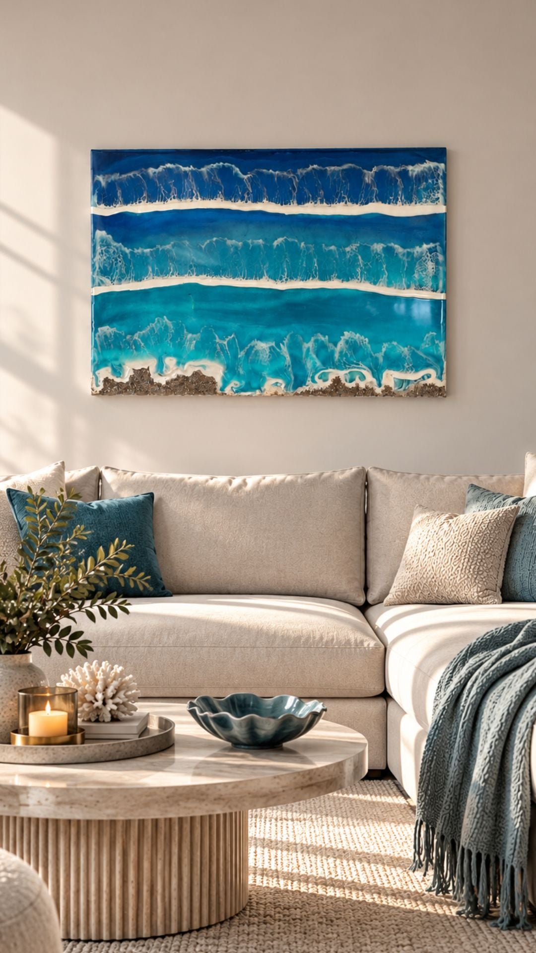 Solas Tidal Depths Resin-Meeresbild 70 × 50 cm mit Wellen in Blau und Türkis, irisierenden Effekten und Sand