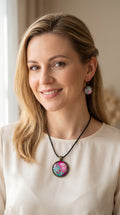 Frau trägt Cabochon-Schmuckset mit rundem Anhänger und zwei Ohrringen in Türkis und kräftigem Pink mit verzweigten goldenen Linien und schwarzem Textilband in einer Schachtel.