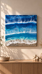 Handgefertigtes Resin-Meeresbild Solas Wild Tide (40 × 40 cm) auf einem strukturierten Gesso-Rahmen mit kraftvollen türkisblauen Wellen, natürlichem Sandstrand und schimmernden Perlmutt-Effekten.