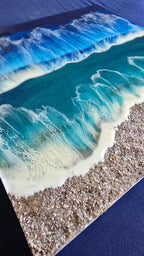 Solas Wild Waves Resin-Wellenbild 40 × 40 cm in Blau und Türkis mit 3D-Welle, Perlmutt und irisierenden Effekten