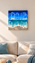 Solas Wild Waves Resin-Wellenbild 40 × 40 cm in Blau und Türkis mit 3D-Welle, Perlmutt und irisierenden Effekten