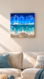 Solas Wild Waves Resin-Wellenbild 40 × 40 cm in Blau und Türkis mit 3D-Welle, Perlmutt und irisierenden Effekten