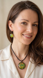 Frau trägt rundes Cabochon-Schmuckset mit Kette und passenden Ohrringen in verschiedenen Grüntönen, mit orangefarbenen Akzenten und feinen kupferfarbenen Linien.